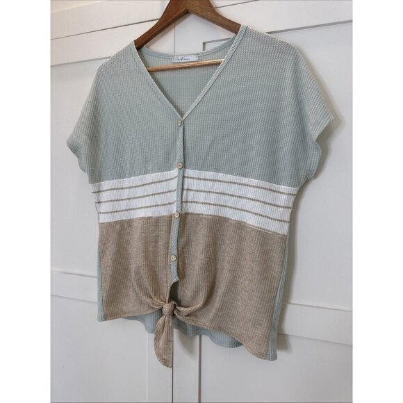 Waffle Button Front Top Blouse Womens Small Tie Front - Picture 4 of 8